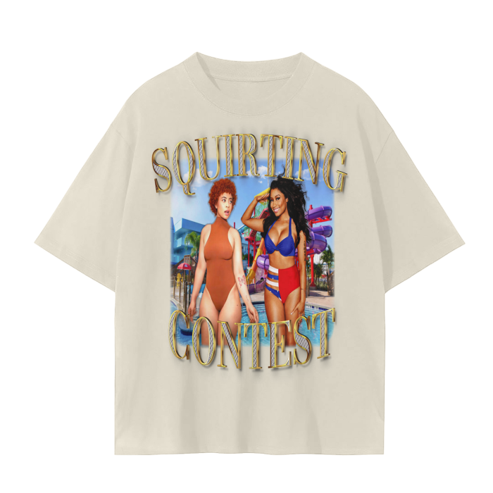 Our "Squirting Contest" T-Shirt design on a cream-colored T-Shirt.