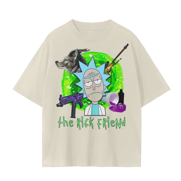 Our "Rick Friend" design on a cream-colored T-Shirt.