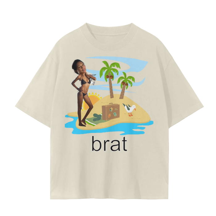 Kamala on an island as a major Charli XCX fan, in cream.