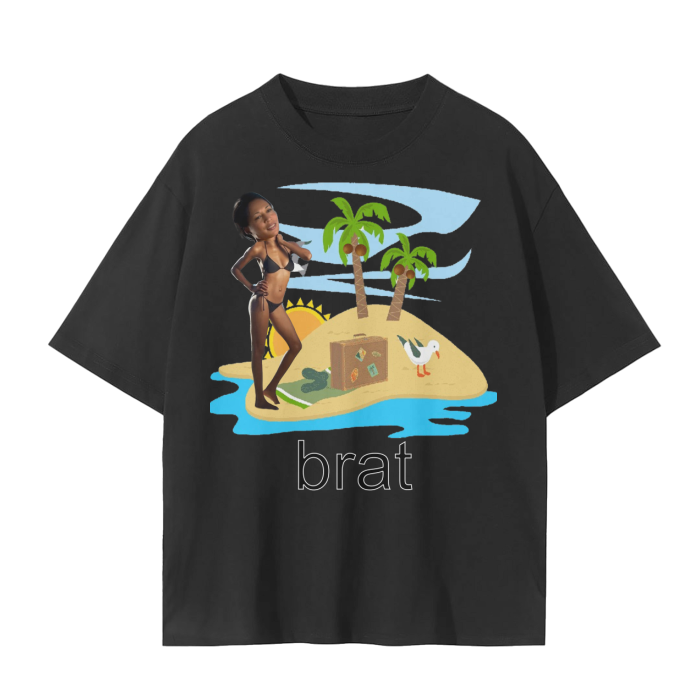 Kamala on an island as a major Charli XCX fan, in black.