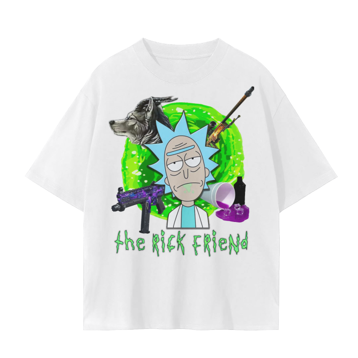 Our "Rick Friend" design on a pearly white T-Shirt.