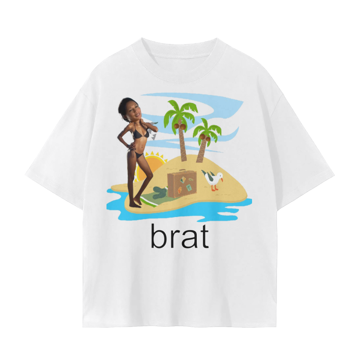 Kamala on an island as a major Charli XCX fan, in white.